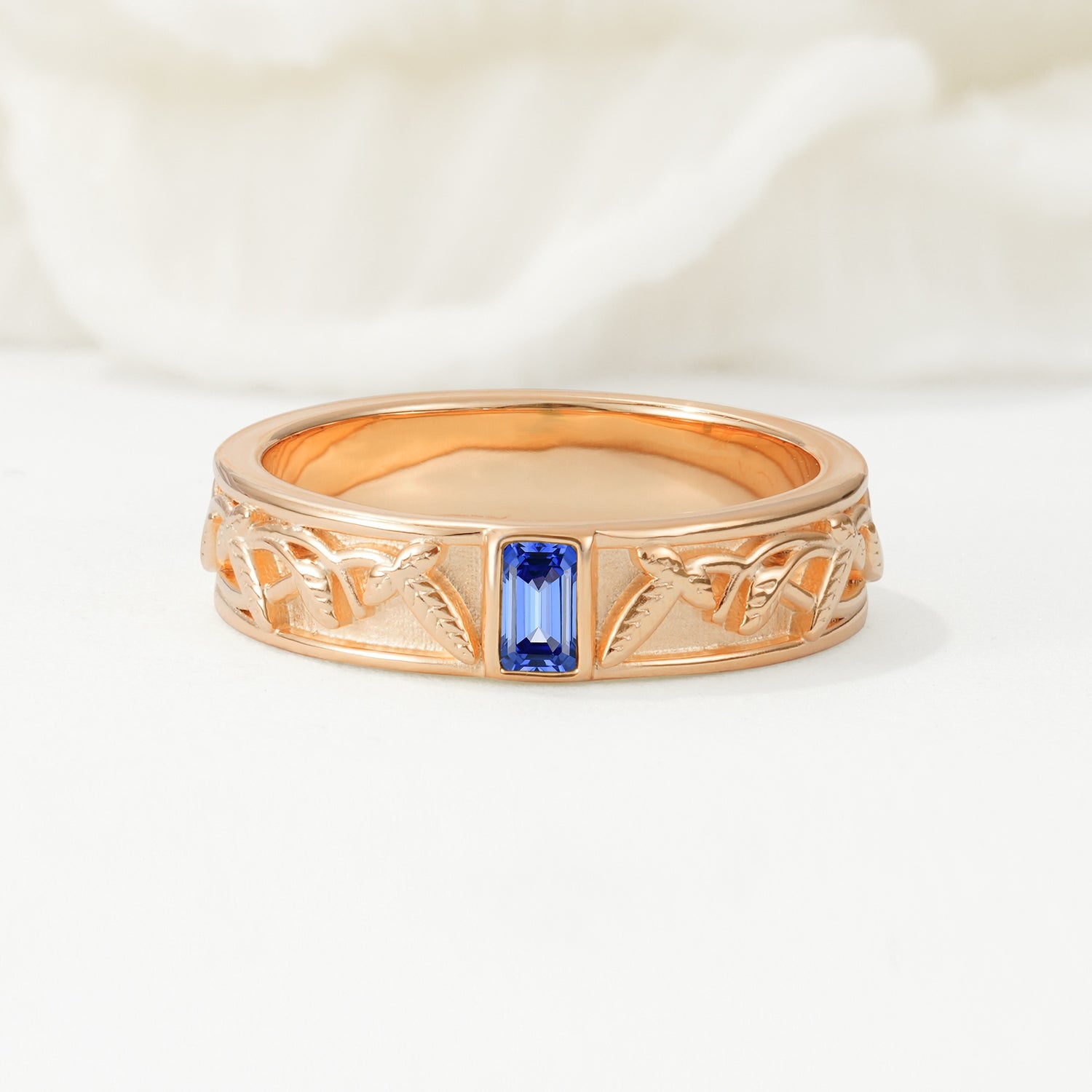 Vintage Emerald Cut Celtic Engraved Sapphire Wedding Band - Additional view