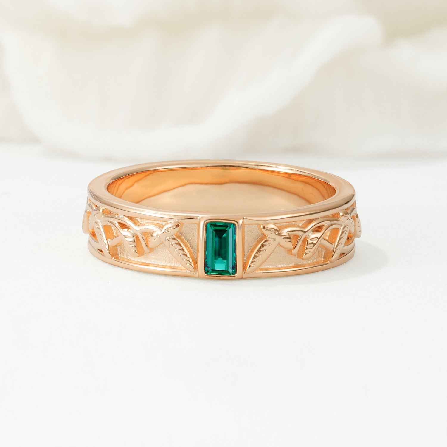 Vintage Emerald Cut Celtic Engraved Emerald Wedding Band - Additional view
