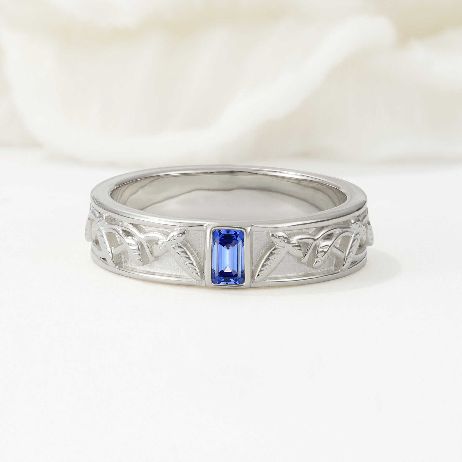 Vintage Emerald Cut Celtic Engraved Sapphire Wedding Band - Additional view