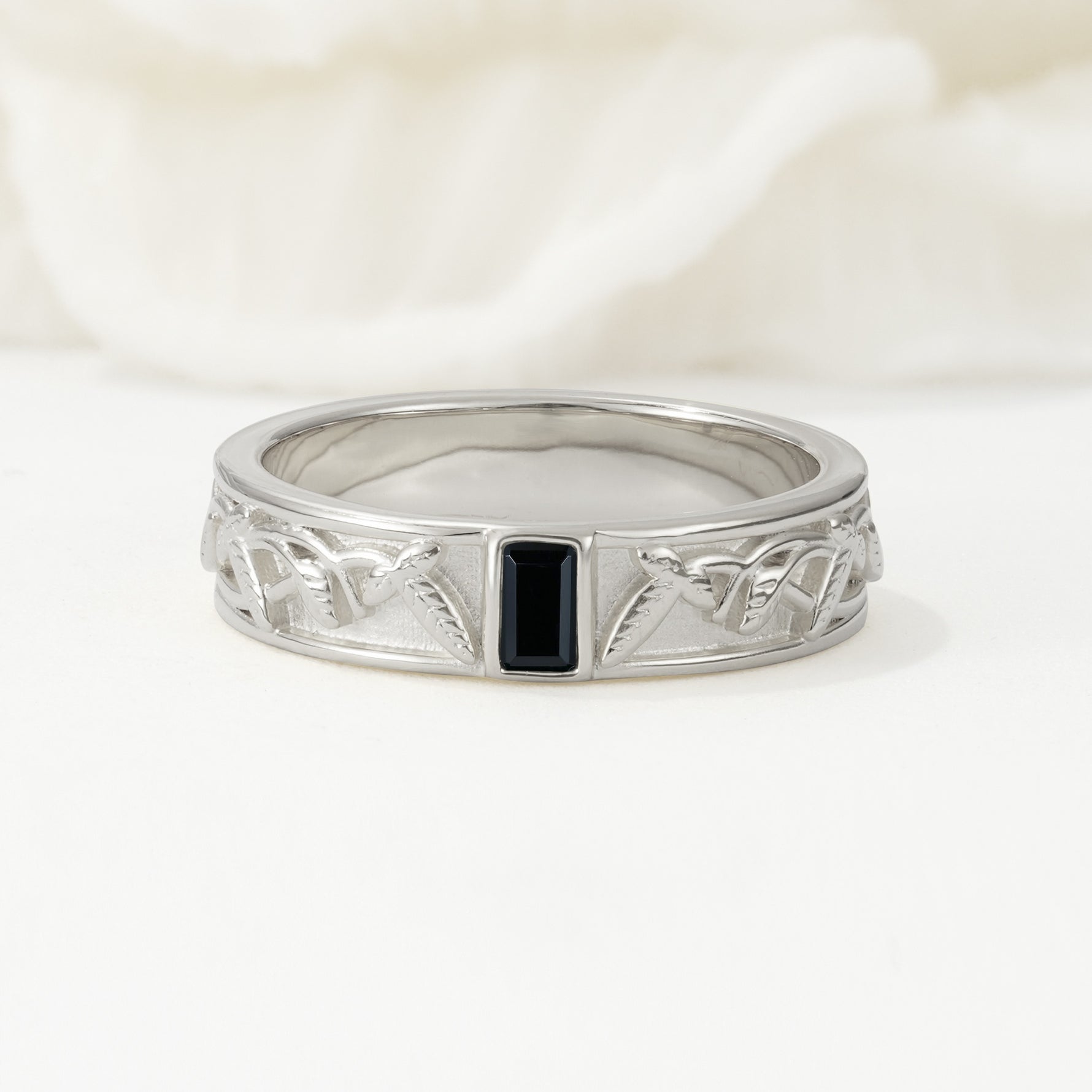 Vintage Emerald Cut Celtic Engraved Black Onyx Wedding Band - Additional view
