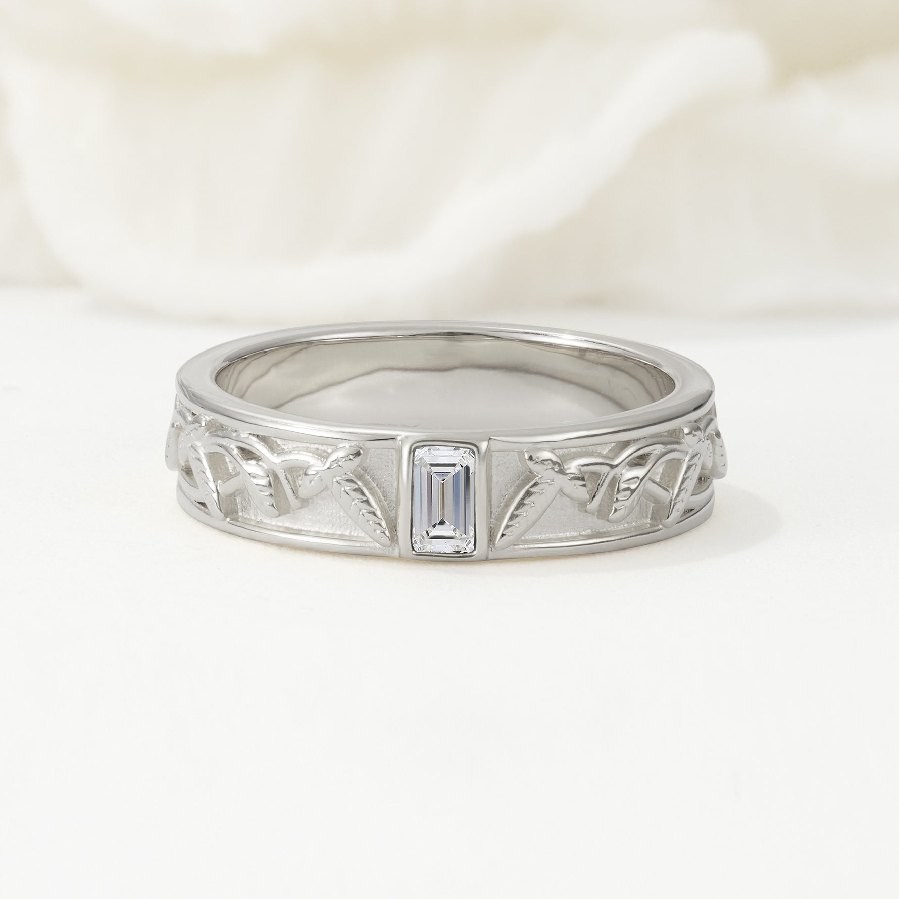 Vintage Emerald Cut Celtic Engraved Lab Diamond Wedding Band - Additional view
