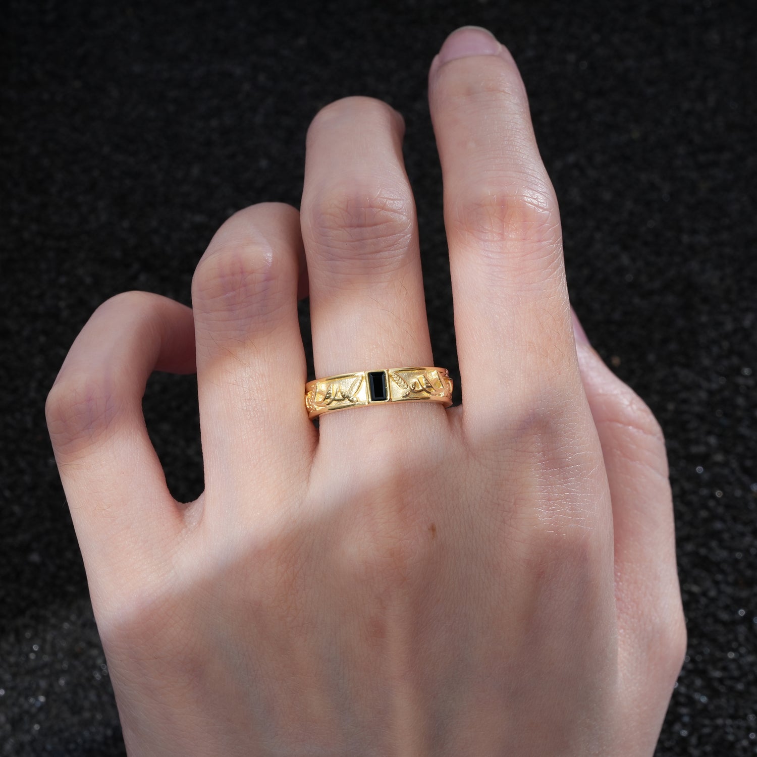 Vintage Emerald Cut Celtic Engraved Black Onyx Wedding Band