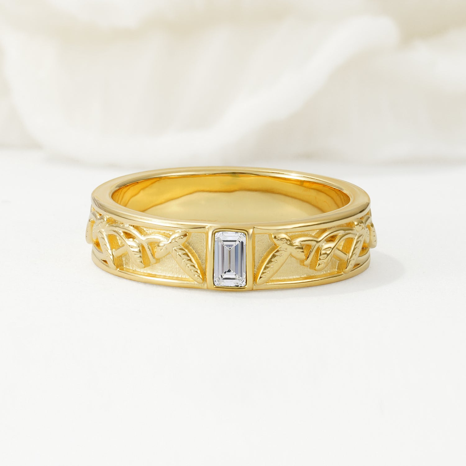 Vintage Emerald Cut Celtic Engraved Lab Diamond Wedding Band