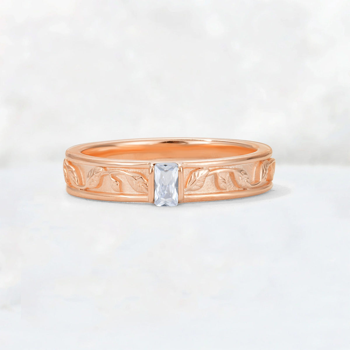 Emerald Cut Moissanite Bezel-Set Leaf Engraved Wedding Band - Additional view