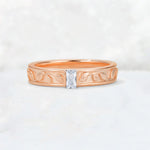 Emerald Cut Moissanite Bezel-Set Leaf Engraved Wedding Band - Additional view