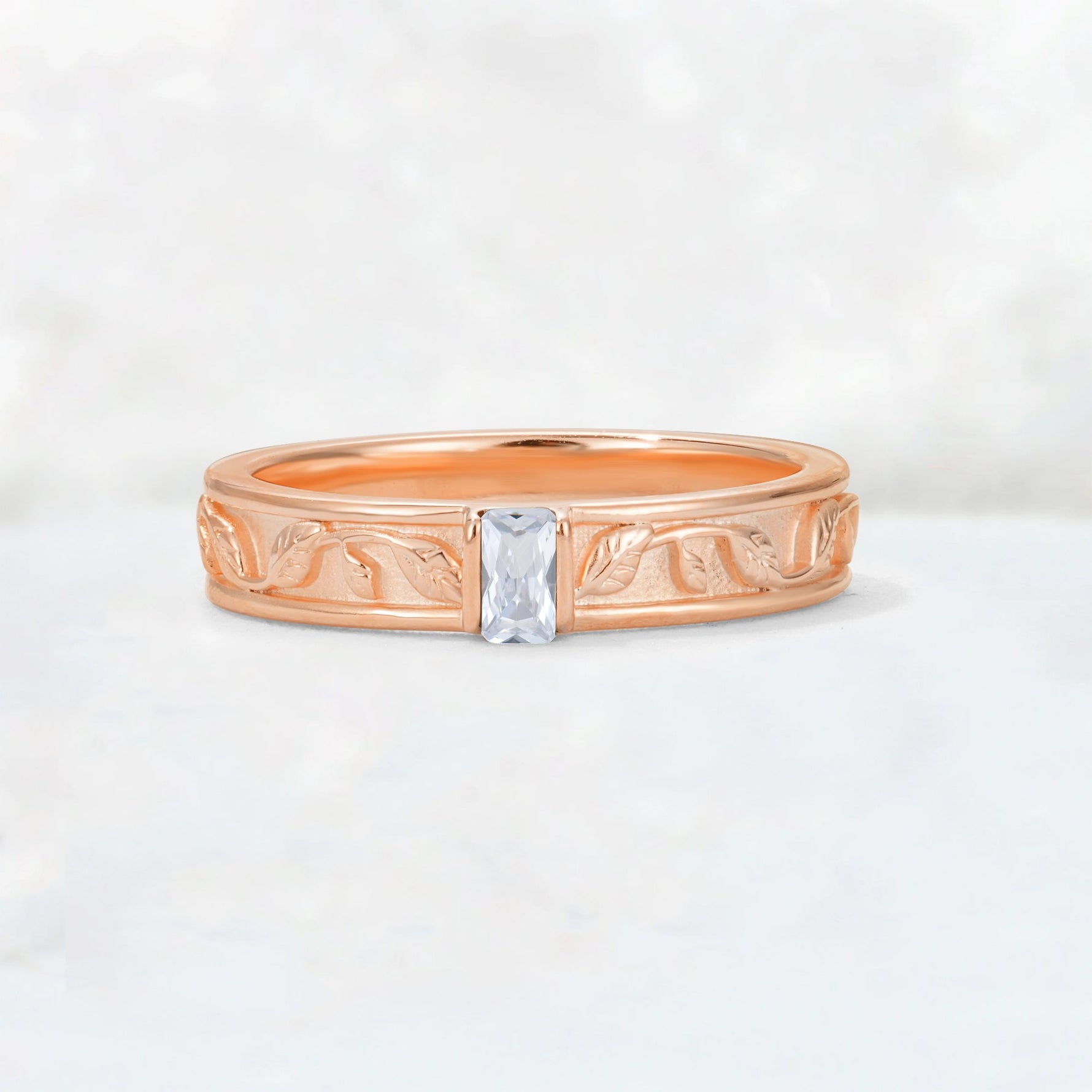 Emerald Cut Moissanite Bezel-Set Leaf Engraved Wedding Band - Additional view