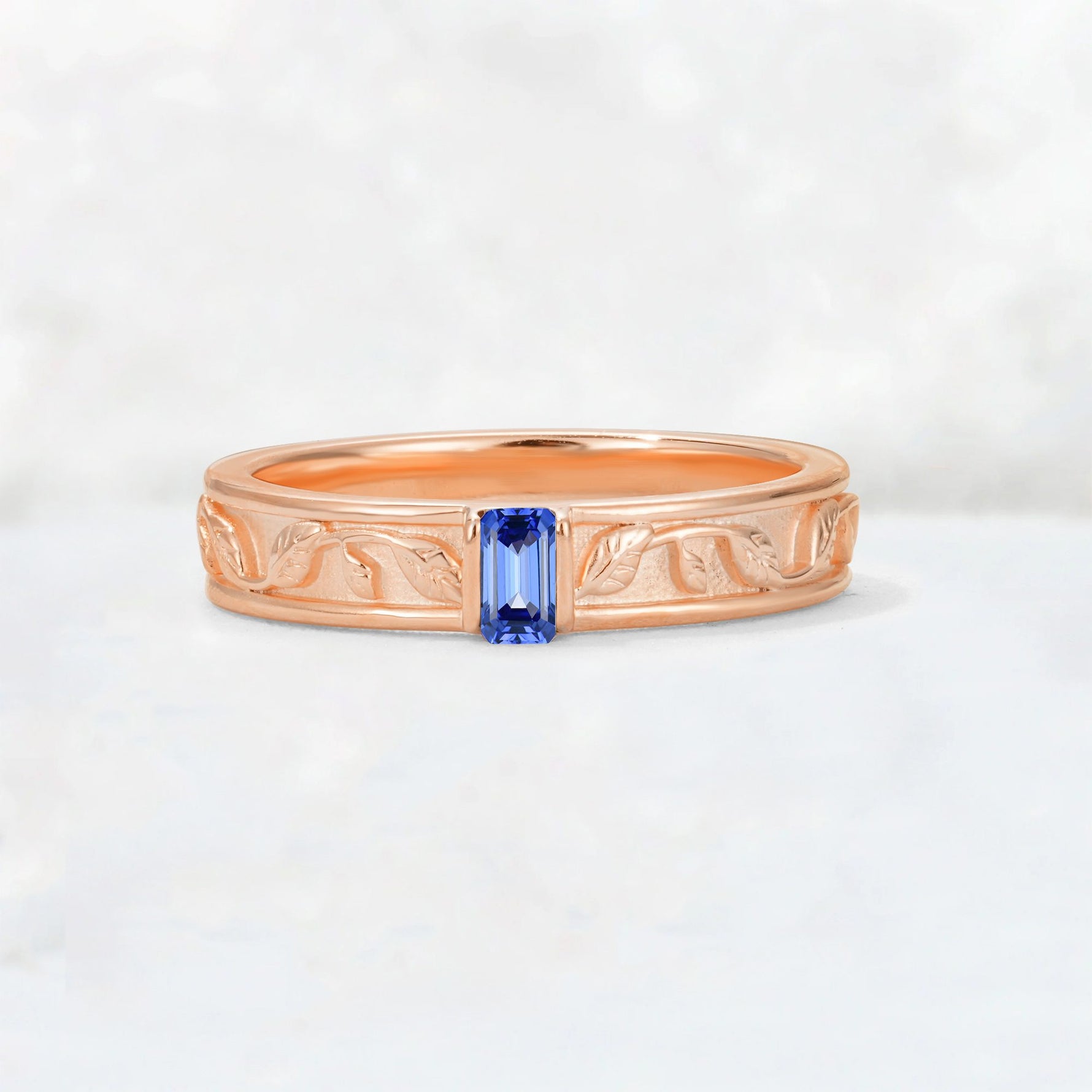 Emerald Cut Sapphire Bezel-Set Leaf Engraved Wedding Band - Additional view