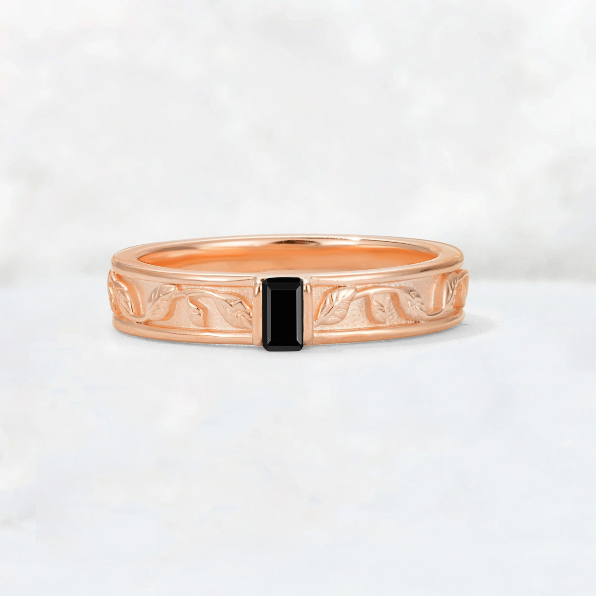Emerald Cut Black Onyx Bezel-Set Leaf Engraved Wedding Band - Additional view