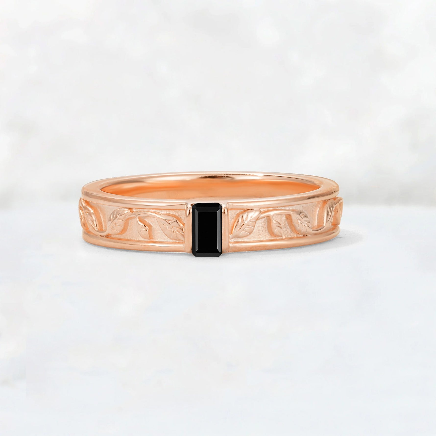 Emerald Cut Black Onyx Bezel-Set Leaf Engraved Wedding Band - Additional view