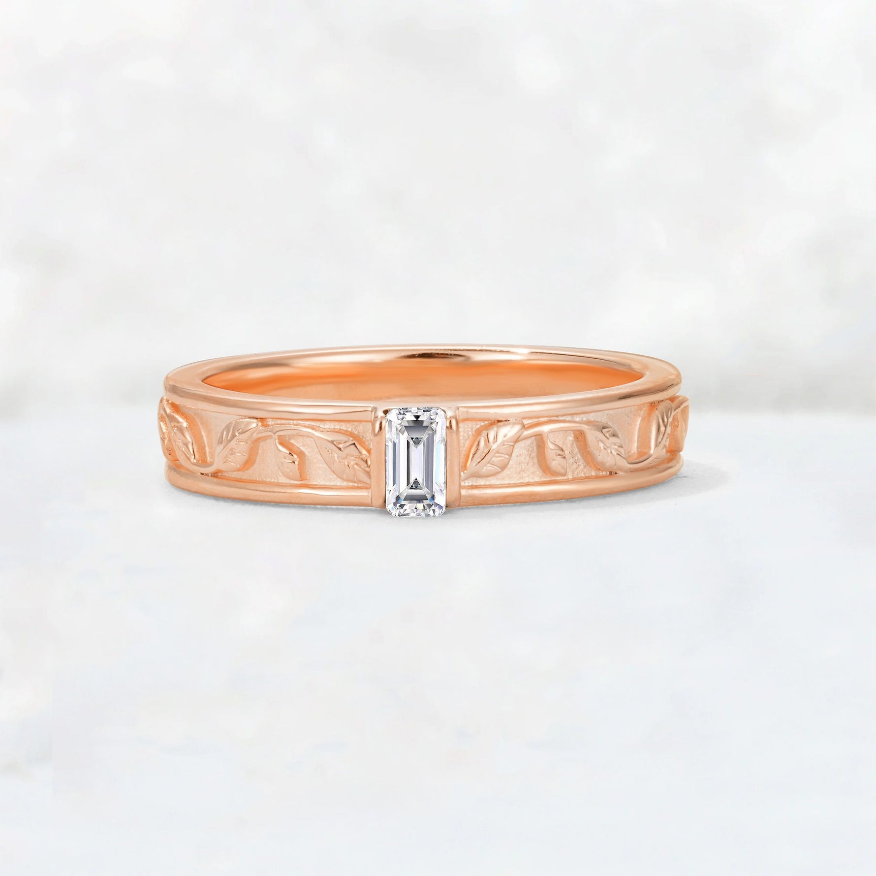 Emerald Cut Lab Diamond Bezel-Set Leaf Engraved Wedding Band - Additional view