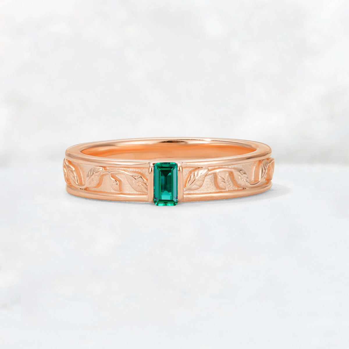 Emerald Cut Emerald Bezel-Set Leaf Engraved Wedding Band - Additional view