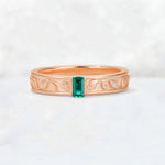 Emerald Cut Emerald Bezel-Set Leaf Engraved Wedding Band - Additional view