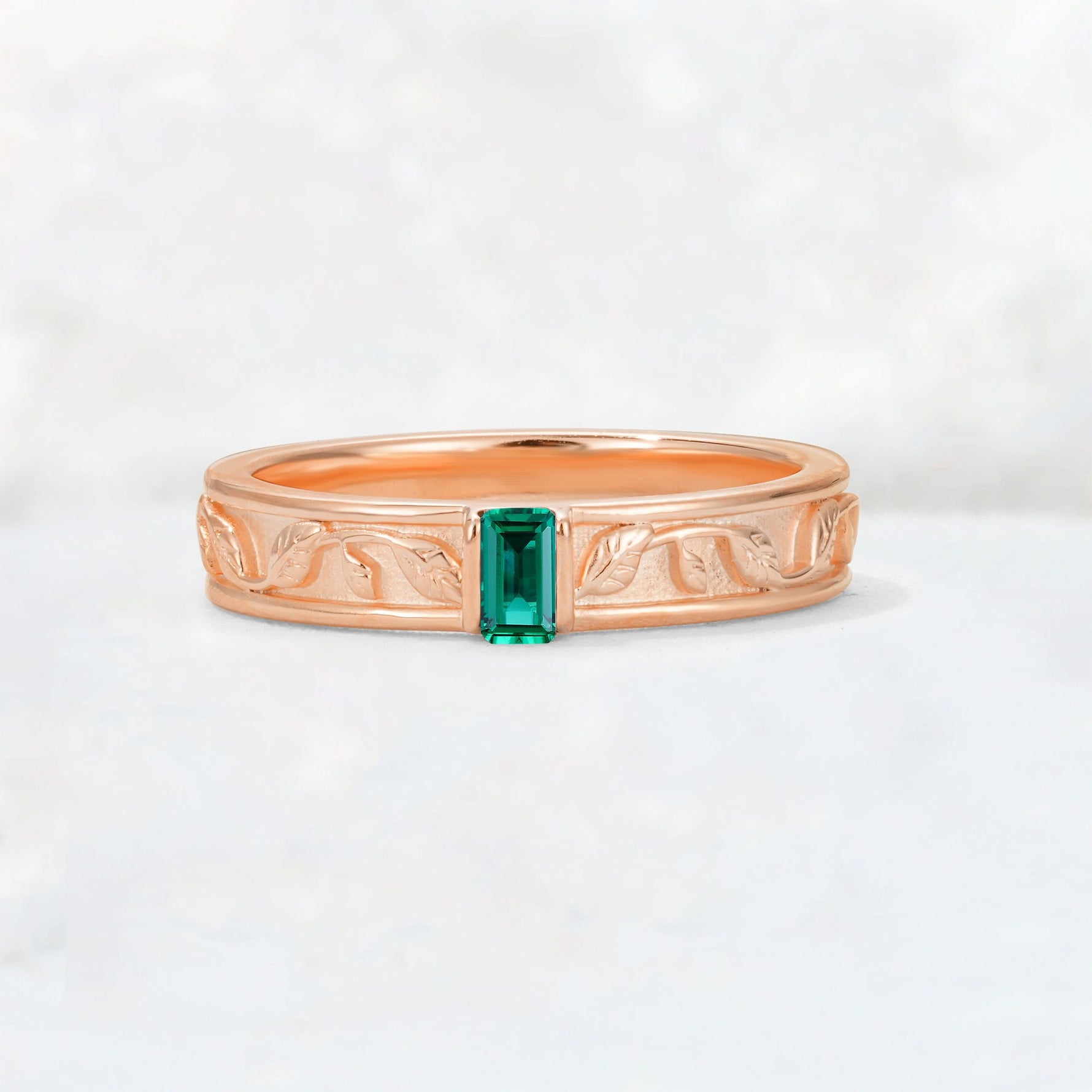 Emerald Cut Emerald Bezel-Set Leaf Engraved Wedding Band - Additional view