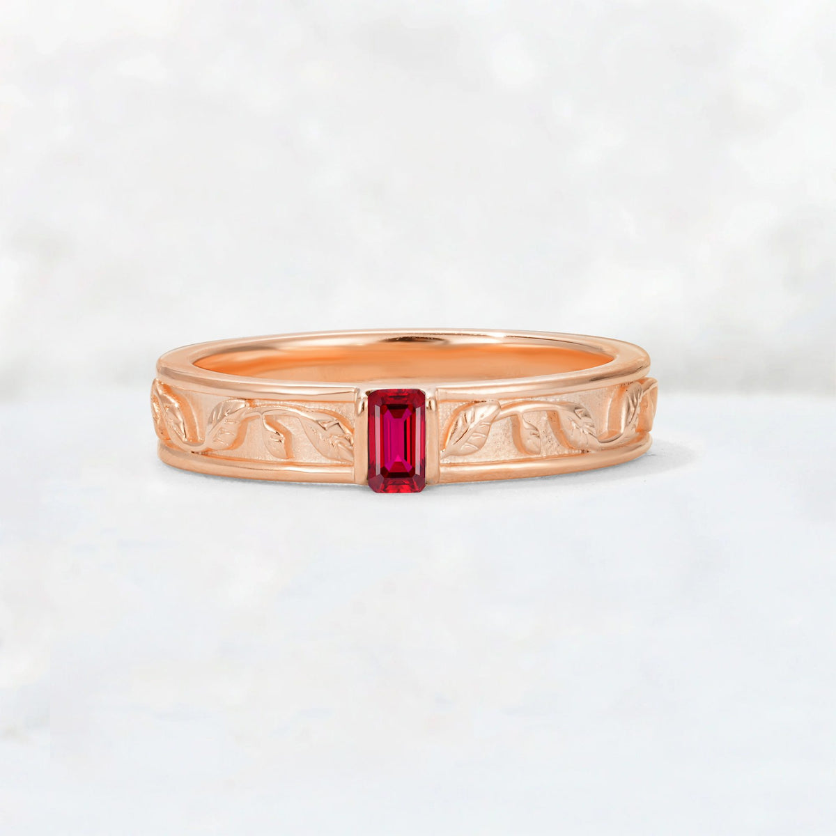 Emerald Cut Ruby Bezel-Set Leaf Engraved Wedding Band - Additional view