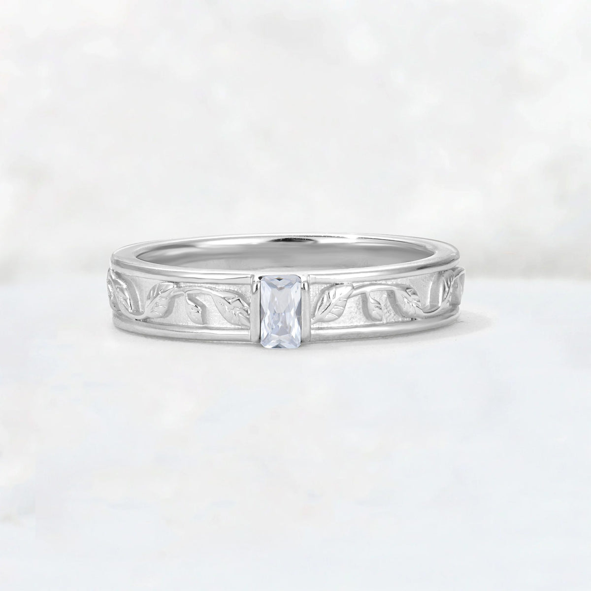 Emerald Cut Moissanite Bezel-Set Leaf Engraved Wedding Band - Additional view