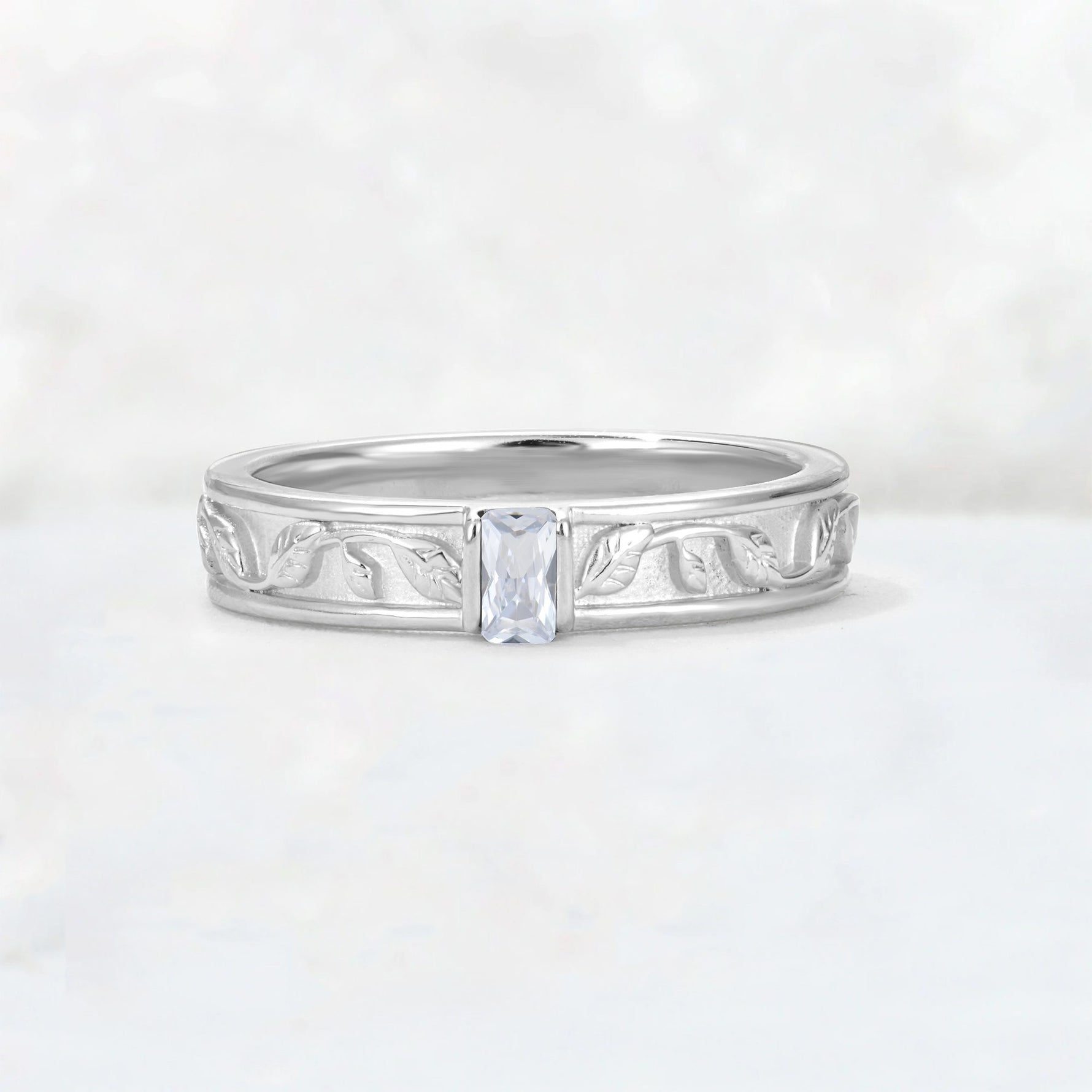 Emerald Cut Moissanite Bezel-Set Leaf Engraved Wedding Band - Additional view
