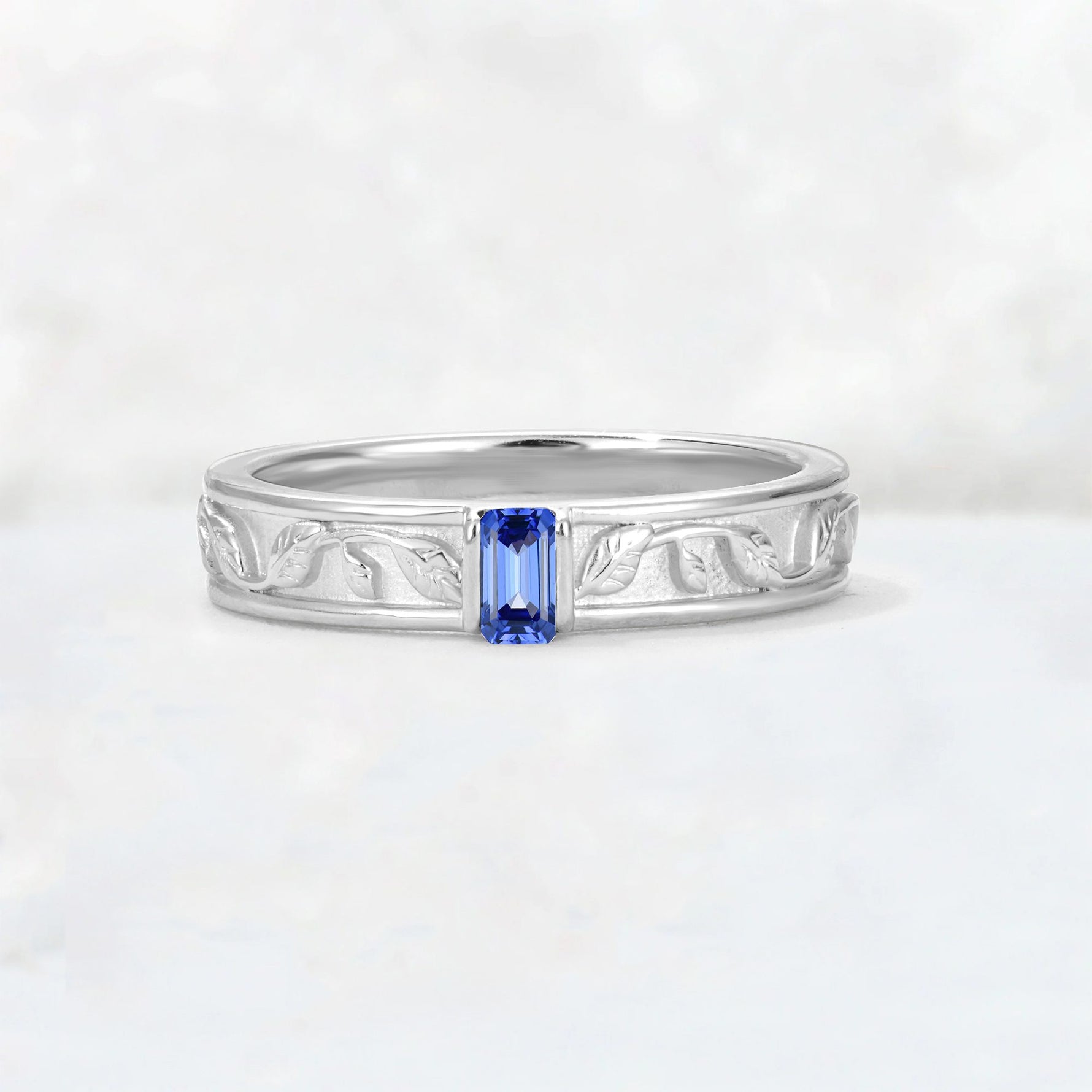 Emerald Cut Sapphire Bezel-Set Leaf Engraved Wedding Band - Additional view