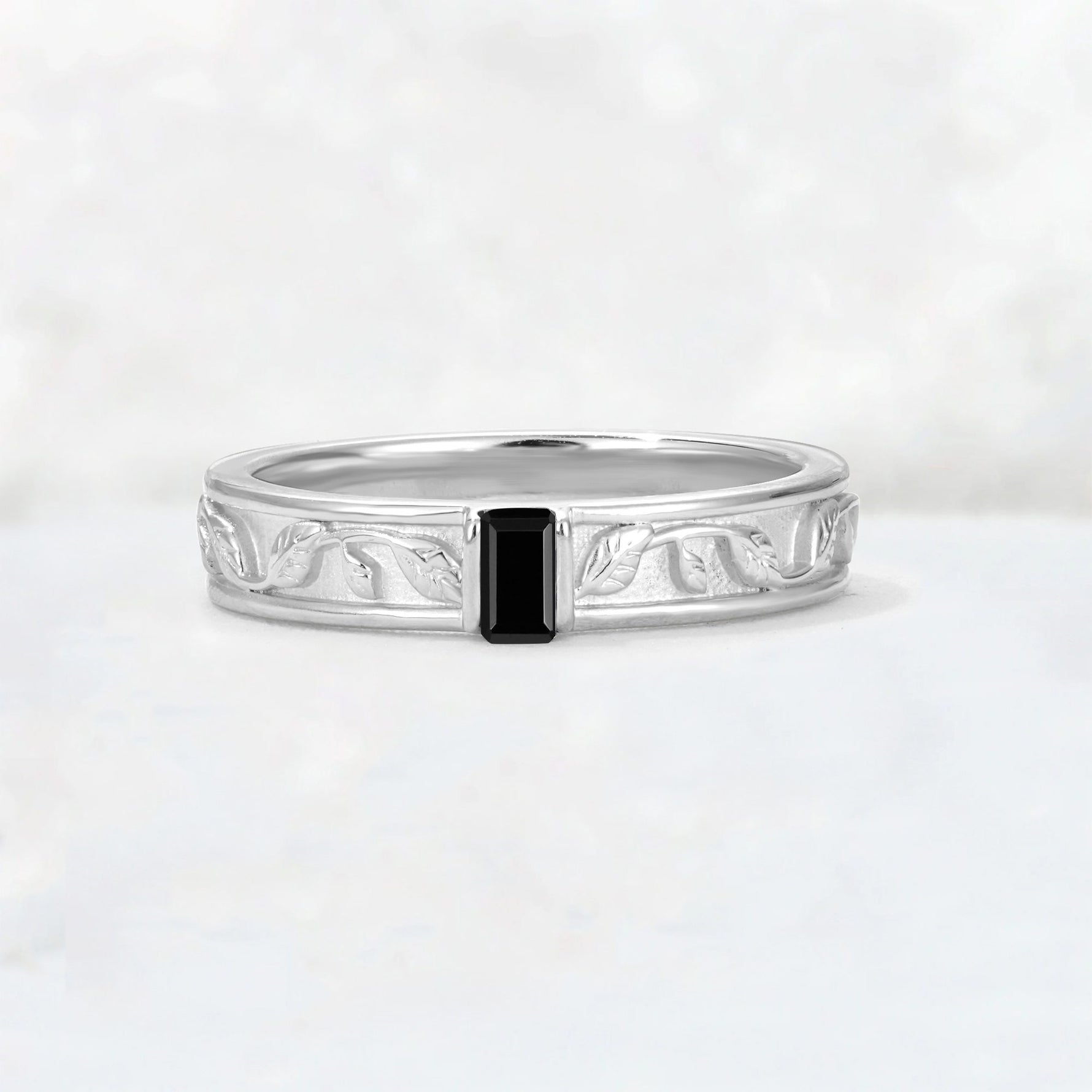 Emerald Cut Black Onyx Bezel-Set Leaf Engraved Wedding Band - Additional view