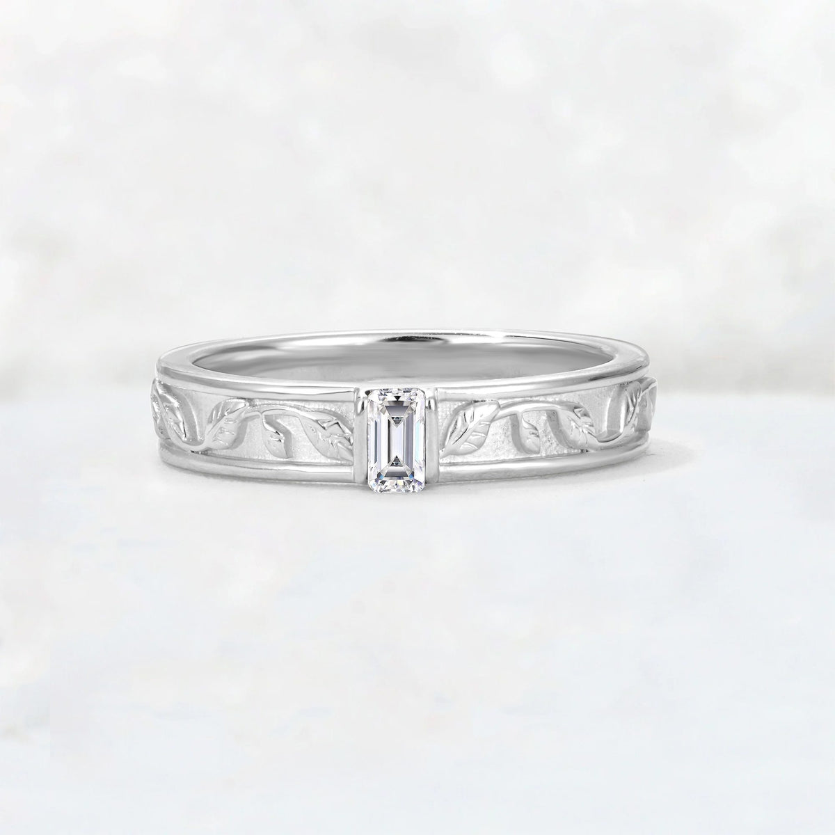 Emerald Cut Lab Diamond Bezel-Set Leaf Engraved Wedding Band - Additional view