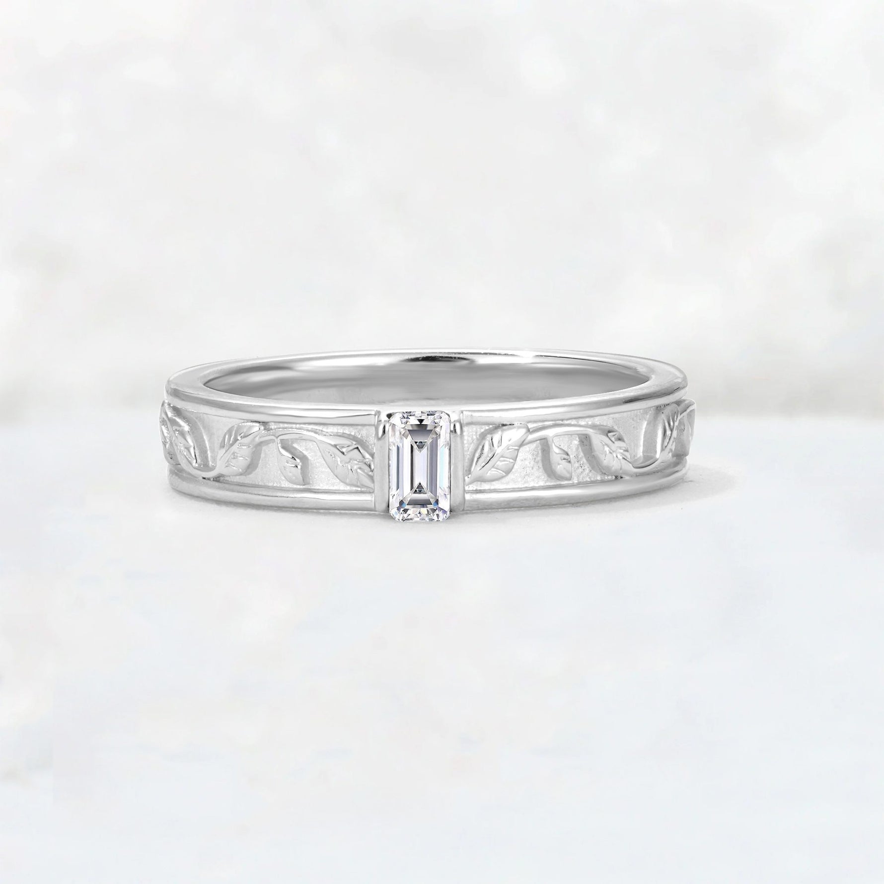 Emerald Cut Lab Diamond Bezel-Set Leaf Engraved Wedding Band - Additional view