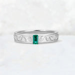 Emerald Cut Emerald Bezel-Set Leaf Engraved Wedding Band - Additional view