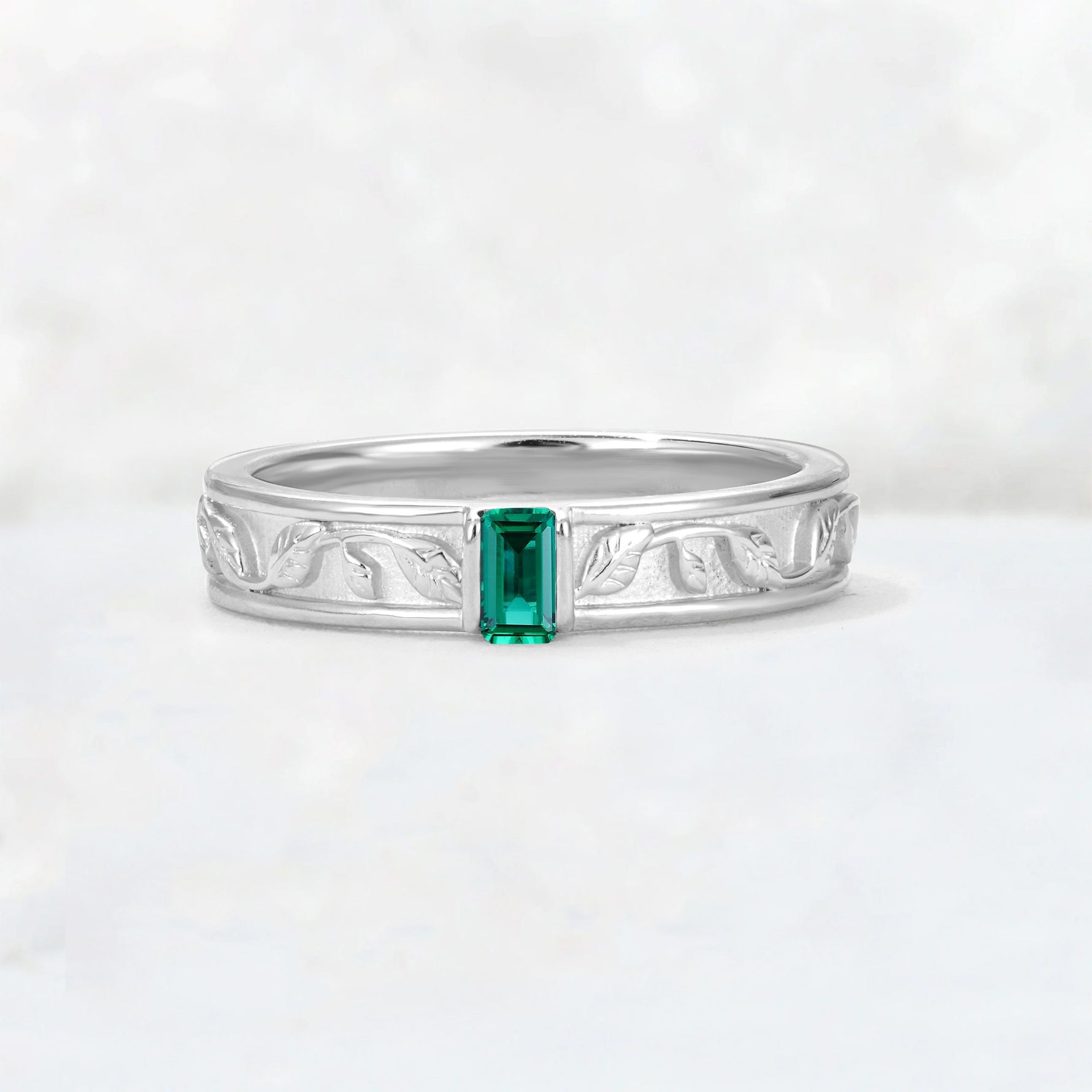 Emerald Cut Emerald Bezel-Set Leaf Engraved Wedding Band - Additional view