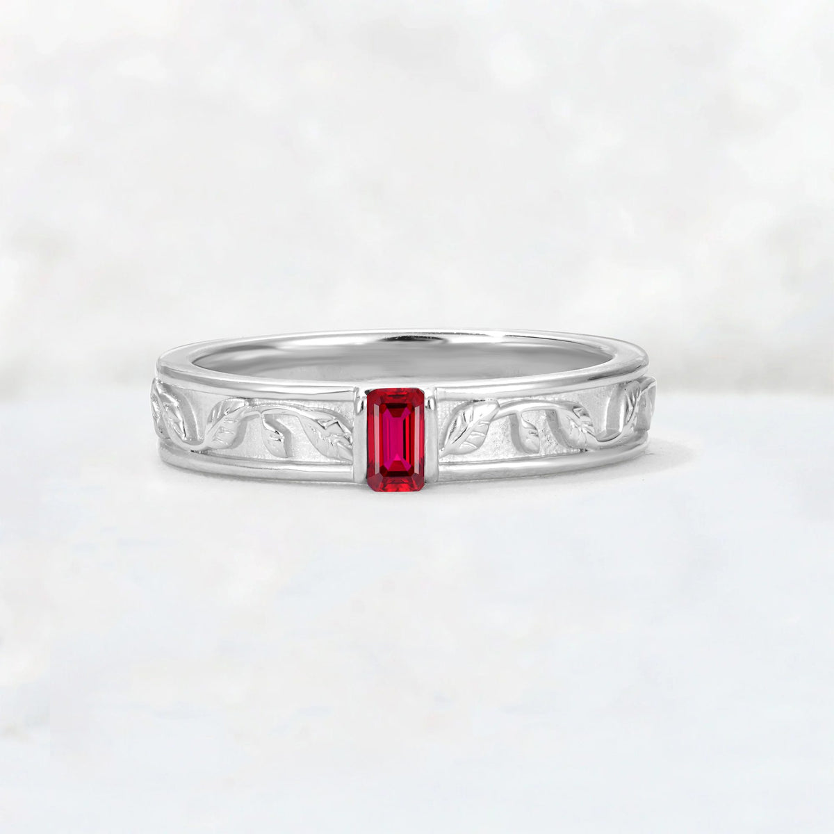 Emerald Cut Ruby Bezel-Set Leaf Engraved Wedding Band - Additional view