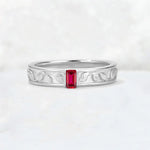 Emerald Cut Ruby Bezel-Set Leaf Engraved Wedding Band - Additional view
