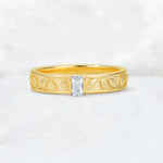 Emerald Cut Moissanite Bezel-Set Leaf Engraved Wedding Band - Additional view
