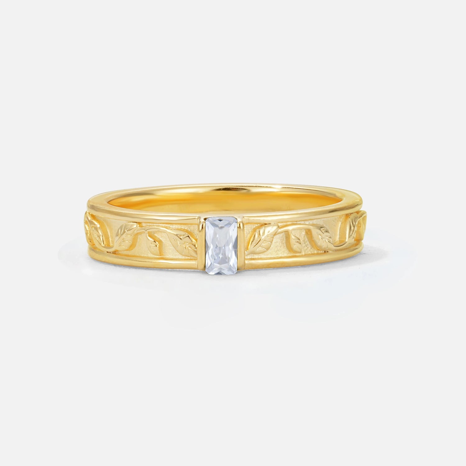 Emerald Cut Moissanite Bezel-Set Leaf Engraved Wedding Band - Additional view