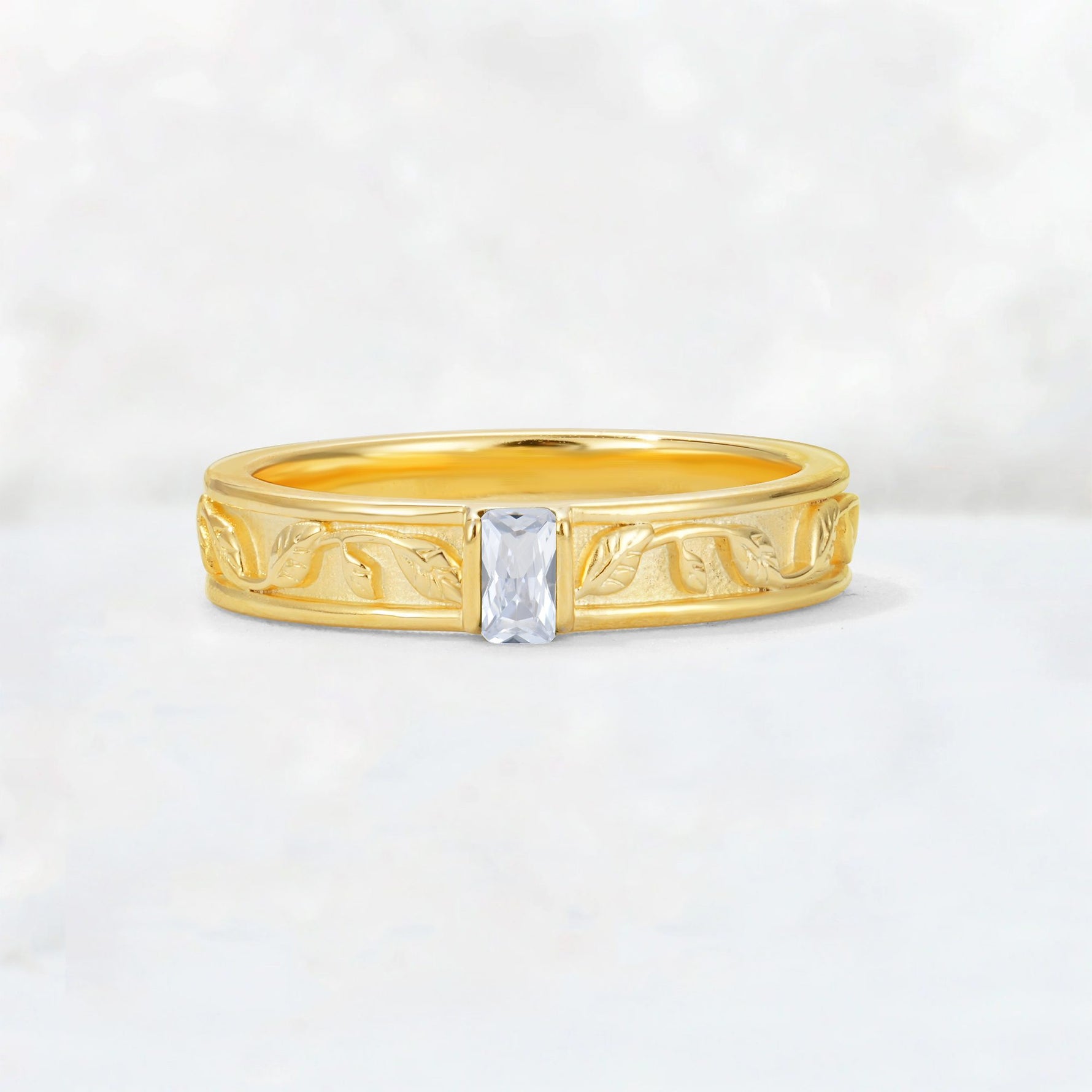 Emerald Cut Moissanite Bezel-Set Leaf Engraved Wedding Band - Additional view