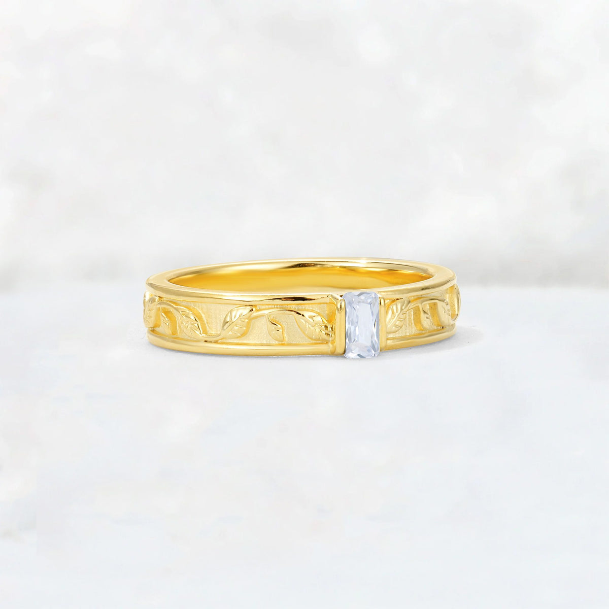 Emerald Cut Moissanite Bezel-Set Leaf Engraved Wedding Band - Additional view