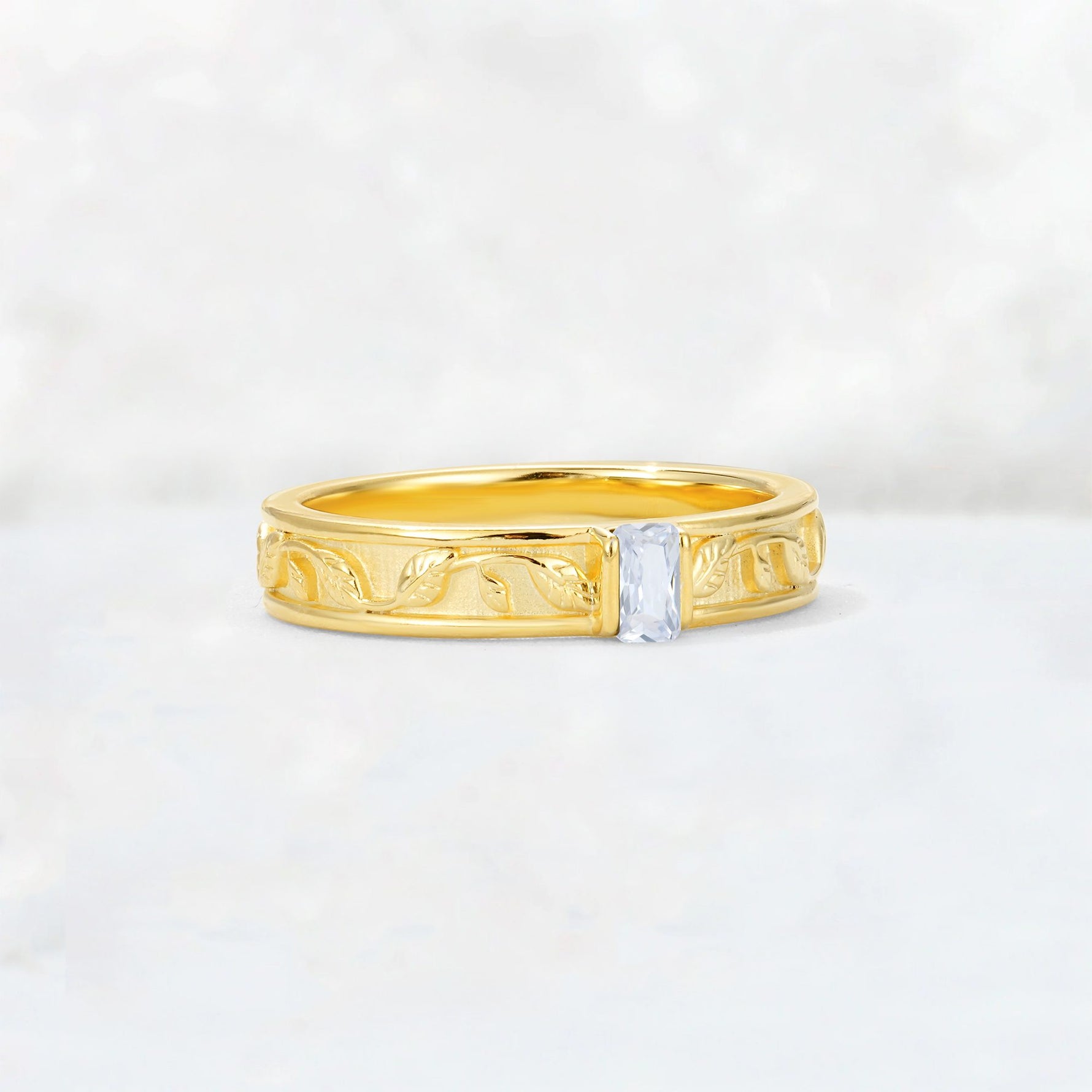 Emerald Cut Moissanite Bezel-Set Leaf Engraved Wedding Band - Additional view