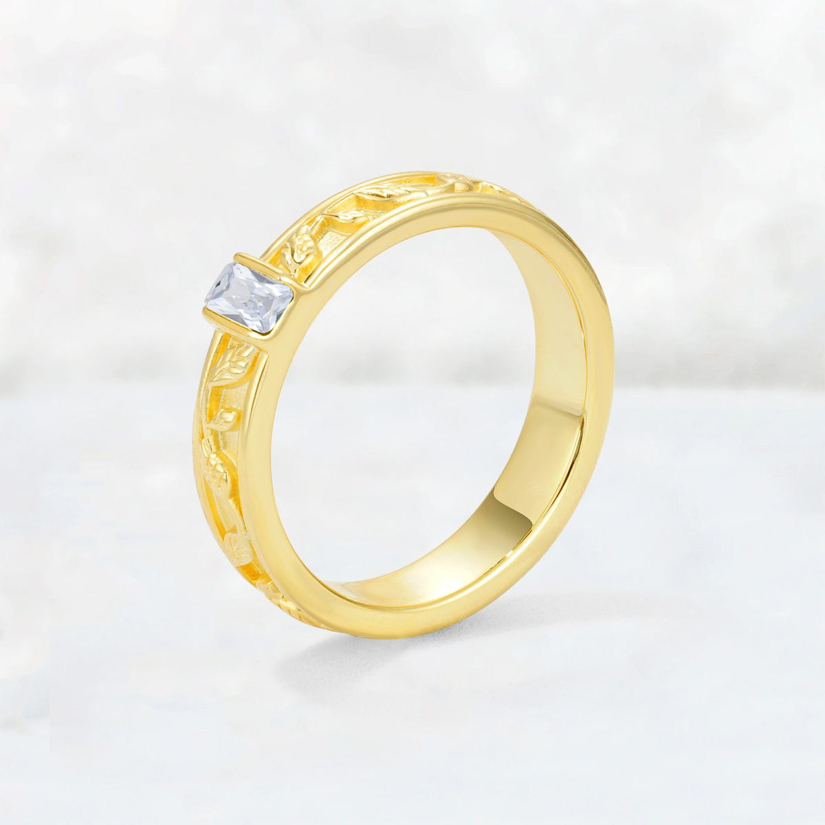 Emerald Cut Moissanite Bezel-Set Leaf Engraved Wedding Band - Additional view