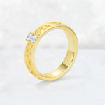 Emerald Cut Moissanite Bezel-Set Leaf Engraved Wedding Band - Additional view