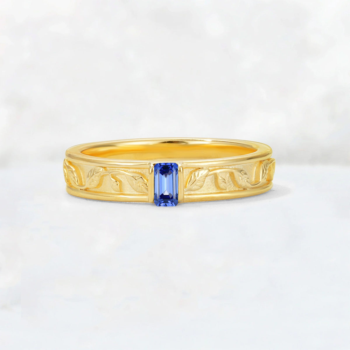 Emerald Cut Sapphire Bezel-Set Leaf Engraved Wedding Band - Additional view