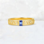Emerald Cut Sapphire Bezel-Set Leaf Engraved Wedding Band - Additional view