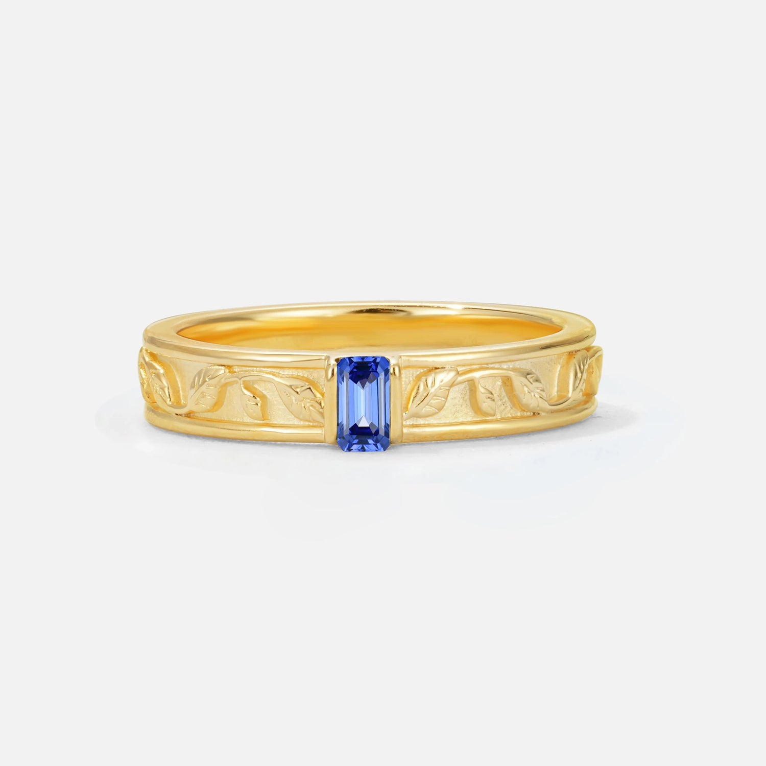 Emerald Cut Sapphire Bezel-Set Leaf Engraved Wedding Band - Additional view