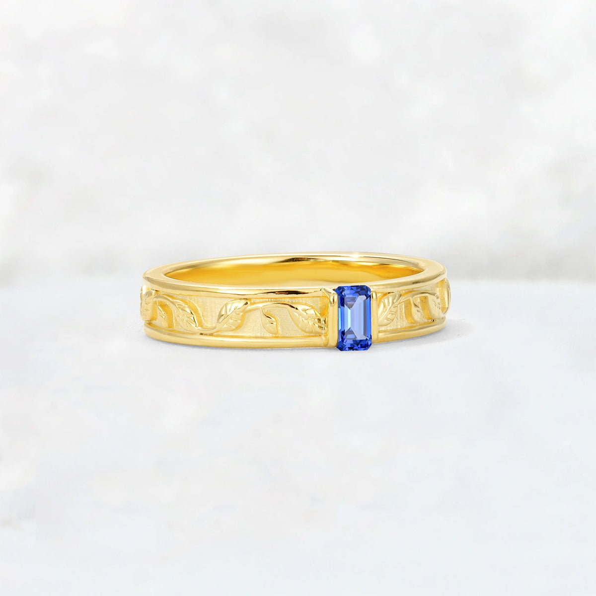 Emerald Cut Sapphire Bezel-Set Leaf Engraved Wedding Band - Additional view