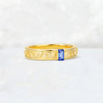 Emerald Cut Sapphire Bezel-Set Leaf Engraved Wedding Band - Additional view