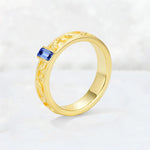 Emerald Cut Sapphire Bezel-Set Leaf Engraved Wedding Band - Additional view