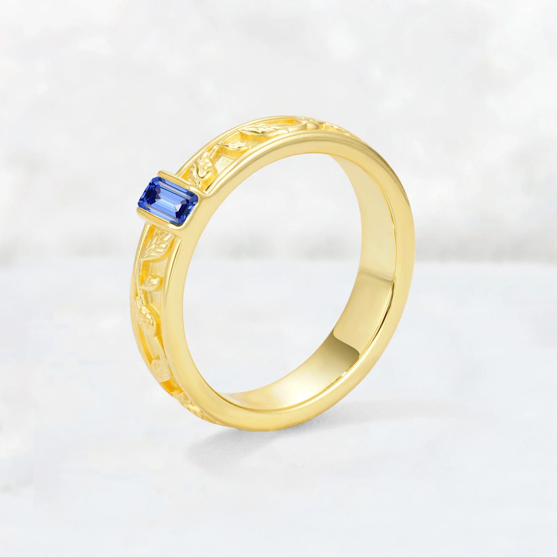 Emerald Cut Sapphire Bezel-Set Leaf Engraved Wedding Band - Additional view