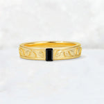 Emerald Cut Black Onyx Bezel-Set Leaf Engraved Wedding Band - Additional view