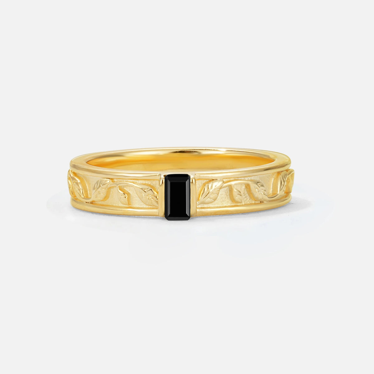 Emerald Cut Black Onyx Bezel-Set Leaf Engraved Wedding Band - Additional view