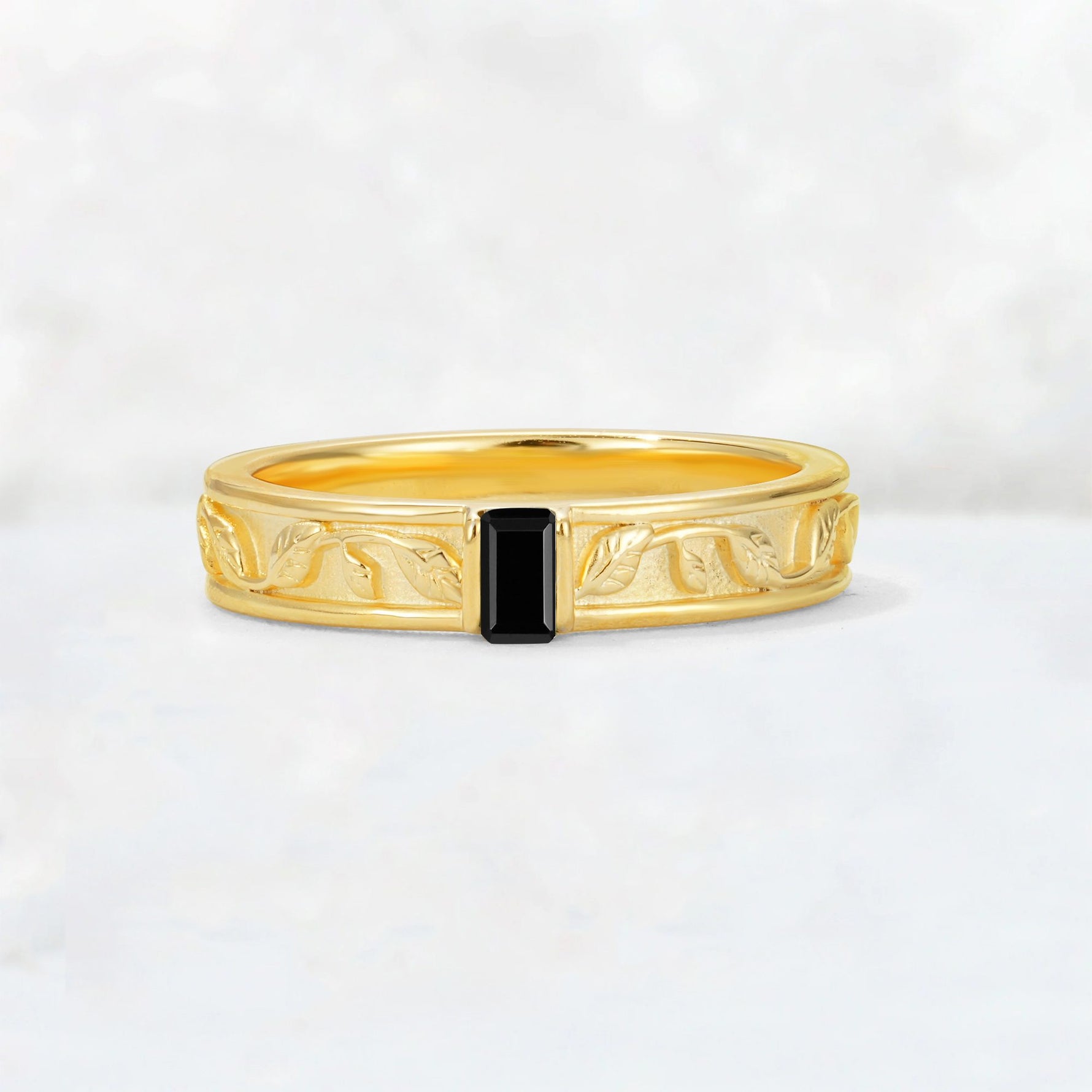 Emerald Cut Black Onyx Bezel-Set Leaf Engraved Wedding Band - Additional view