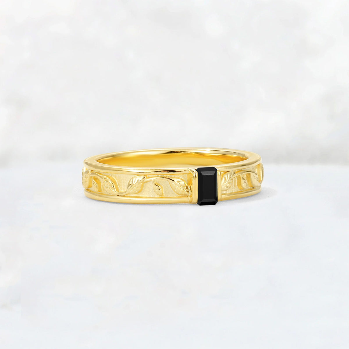 Emerald Cut Black Onyx Bezel-Set Leaf Engraved Wedding Band - Additional view
