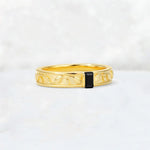 Emerald Cut Black Onyx Bezel-Set Leaf Engraved Wedding Band - Additional view