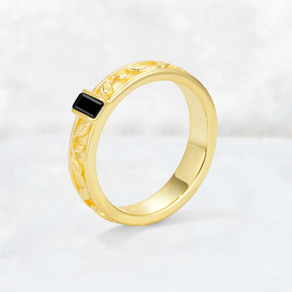 Emerald Cut Black Onyx Bezel-Set Leaf Engraved Wedding Band - Additional view
