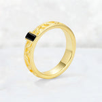 Emerald Cut Black Onyx Bezel-Set Leaf Engraved Wedding Band - Additional view