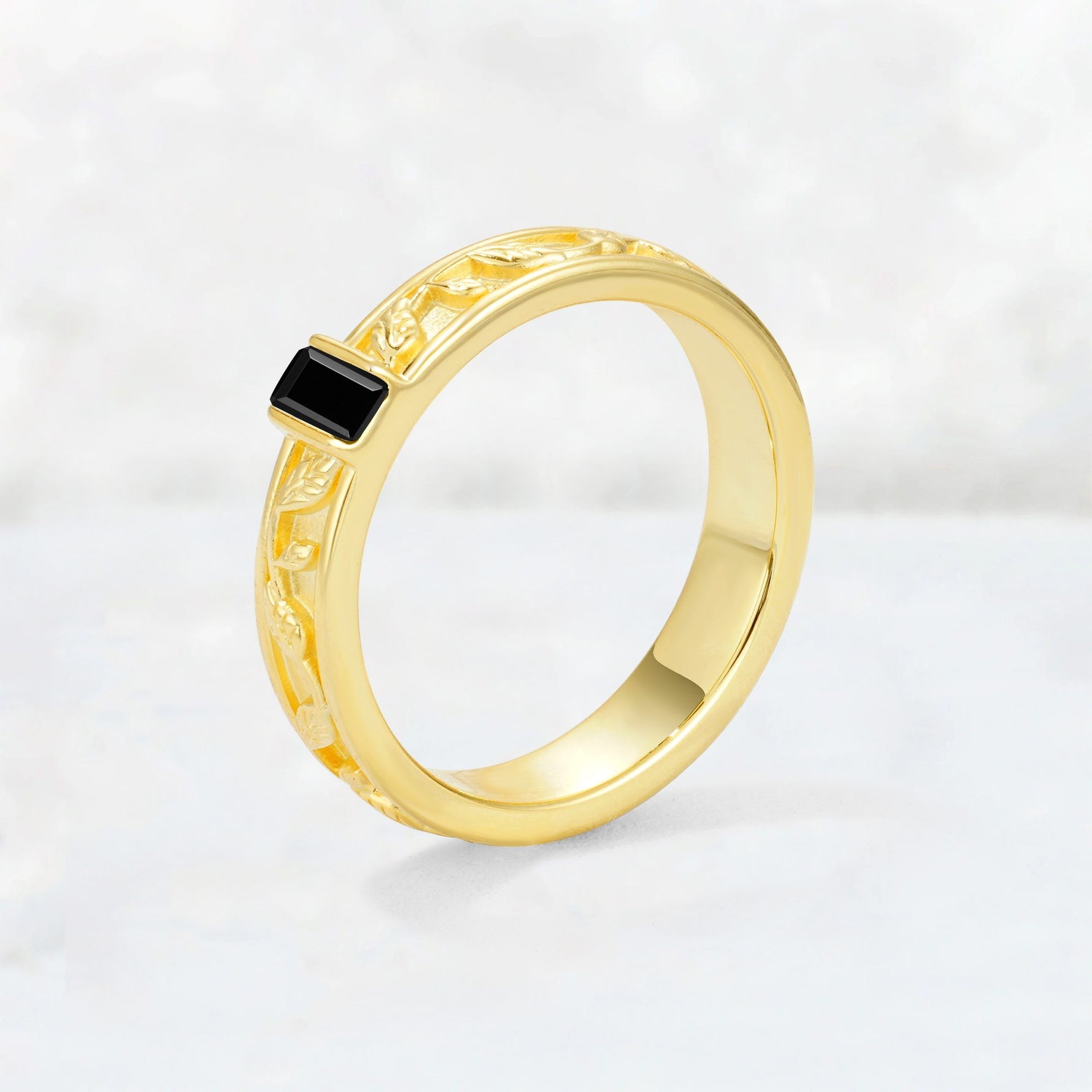 Emerald Cut Black Onyx Bezel-Set Leaf Engraved Wedding Band - Additional view